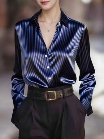 Eleganta blusar för kvinnor, randig långärmad skjorta, blå topp för kvinnor