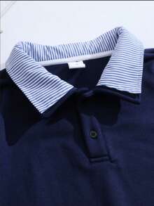 Áo polo nam dài tay kẻ sọc tương phản, kiểu dáng rộng rãi, thoải mái, phong cách thể thao sinh viên, thích hợp cho mùa xuân và mùa thu. - Màu xanh hải quân - Xem 4