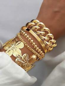 8/6/5/1 Piece(S) Vintage Exaggerated Luxurious Geometric & Floral Design Women Metal Gold Bangle Set, Suitable For Daily Wear And Gift - Gold - View 3