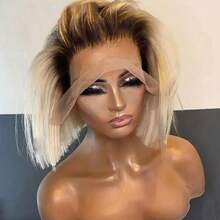 Tóc giả làm thủ công 100%, chân tóc tối màu, kiểu tóc bob ngắn gợn sóng màu vàng mật ong ombre 4/613, độ dày 180%, mặt trước ren trong suốt 13x4, đã được tỉa sẵn, kiểu tóc bob ngắn gợn sóng mềm mại, tóc giả bob thẳng gợn sóng T4/613, không cần keo, có thể nhuộm/tẩy màu/tạo kiểu lại, vẻ ngoài rất tự nhiên. - S613 - Xem 13