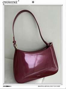 1. Fashionable Patent Leather Women's Handbag, Versatile Solid Crescent Bag, Y2K Underarm Shoulder Bag, Versatile Crossbody Bag - Red - View 4