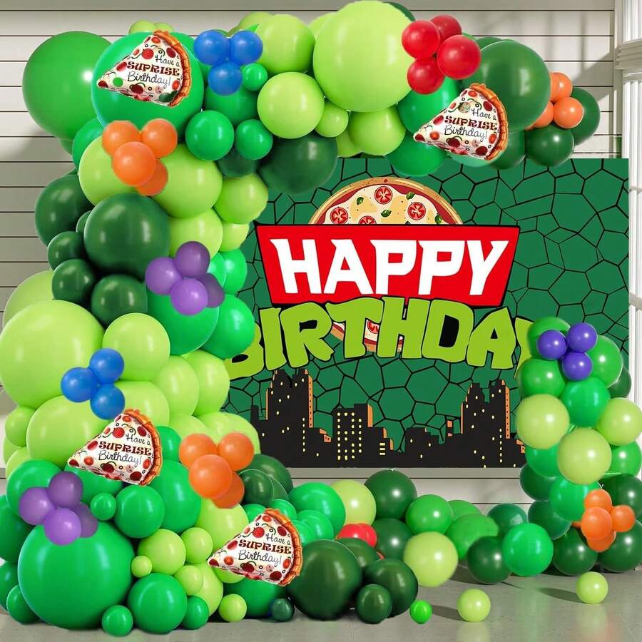 120 Pieces Pizza-Themed Birthday Party Decoration Balloon Arches. Includes Light Green, Dark Green, Fruit Green, Red, Orange, Blue, Purple And Pizza Aluminum Film Balloons. Suitable For Boys And Girls' Birthday Parties, Baptisms, Gender Reveal, And Cartoon Party Decorations. - Multicolor - View 1