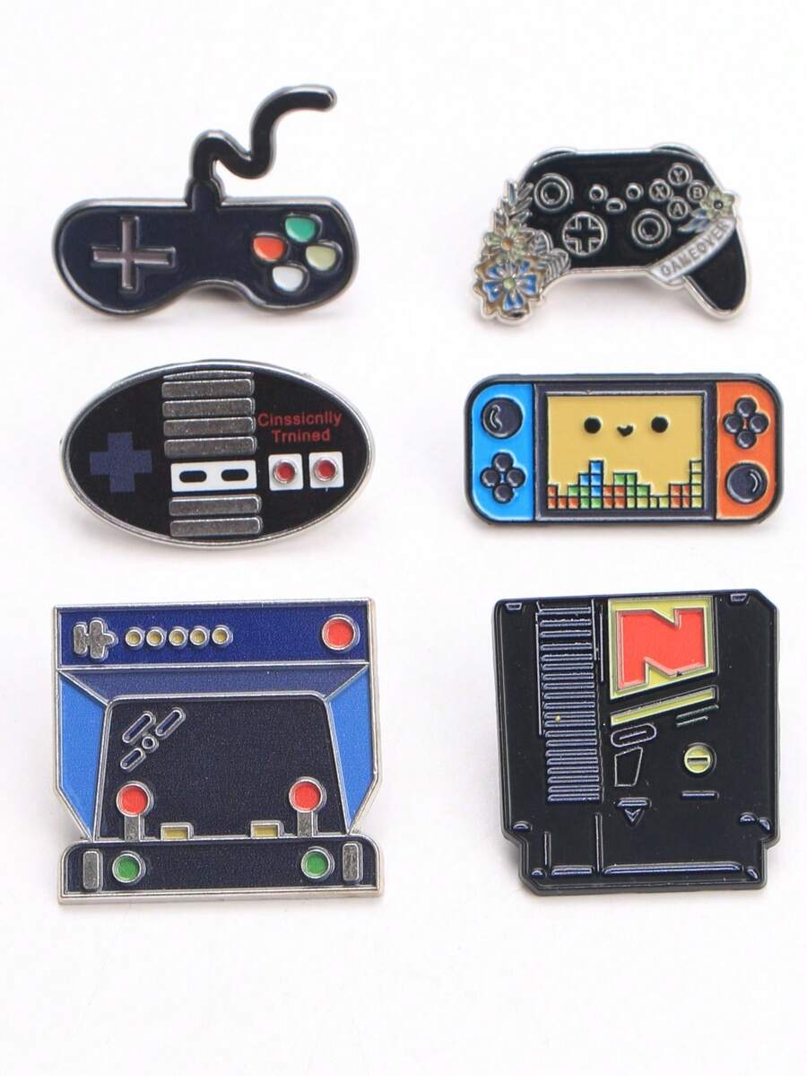 1/6pcs Retro Gamepad Shaped Brooch, Video Game Element Metal Badge Accessory, Gift For Friends - Multicolor - View 1
