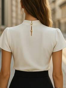 女士优雅白色立领短荷叶袖衬衫夏季 - 白色 - 查看 3