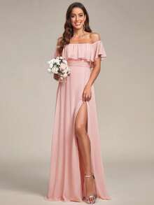 EVERPRETTY Open Shoulder Ruffle Sleeve Side Slit A-Line Bridesmaid Dress, Wedding Guest Dress Pink Spring - Pink - View 7