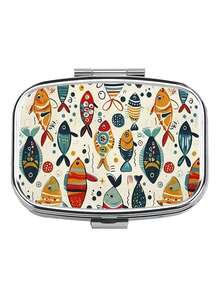 1 cutie metalică pentru pastile cu 2 compartimente, cu design de pisică - recipient decorativ portabil pentru depozitarea vitaminelor, cu modele florale și inimioare vibrante, alimente, interior din plastic, cutie pentru vitamine, potrivită pentru călătorii