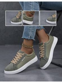 女士休闲运动鞋，时尚街头风白色鞋，轻便滑板鞋 - 軍綠色 - 查看 7