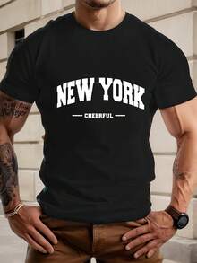 Chemise pour hommes ; New York Joyeux ; Graphique -- Chemise verte en coton à manches courtes. Style décontracté d'été. Col rond. Coupe régulière. Pour le port casual. Chemise de tous les jours avec une impression graphique audacieuse, un ajustement confortable. - Noir - Voir 6