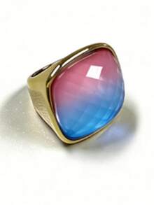 1pc 14K Gold Plated Stainless Steel Large Gemstone Decorated Square Ring For Men And Women, Luxurious & Elegant - Gemstone - View 49