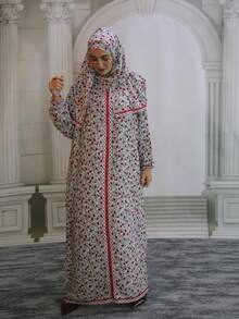 Plus Size Women's Floral Lace Trim Hooded Robe, Woven Fabric, Zipper Closure, Elegant & Comfortable Abaya For All Seasons Vacation Spring Fall - Multicolor - View 6