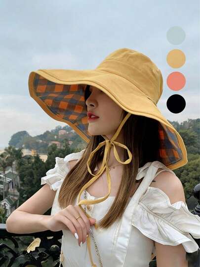 1顶女士休闲渔夫帽，简约百搭，彩色帽檐，碗形帽型，防紫外线，适合户外、海滩、旅行和散步