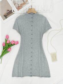 Women's Knitted Short Sleeve Button Detail Cropped Sweater Dress, Elegant Casual Outfit - Light Grey - View 6