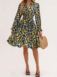 Kleid mit floralem Muster, botanischem Boho-Stil und Rüschensaum, Langarm - Hellgelb - Übersicht 4