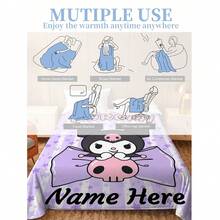SANRIO 1pc Kuromi Themed Flannel Blanket, Customizable Name - Purple Star Striped Background With Kuromi's Classic Black And Purple Colorway - Suitable For All Seasons, Soft, Lightweight, Warm, Suitable For Sofa, Bed, Outdoor - Perfect Birthday And Holiday Gift For Family And Friends - 彩色 - 查看 6