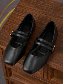 女士时尚方头黑色玛丽珍鞋，黑色工作鞋，适合日常通勤、办公室、派对、约会等场合，休闲百搭平底鞋，配有双带和搭扣。 - 黑色 - 查看 2