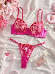 1 Set Women's Sexy Lingerie, Magenta Mesh Heart Embroidery Bra & Adjustable Panty Set, Sheer & Romantic, Intimate Gift For Couples - 玫紅色 - 查看 3