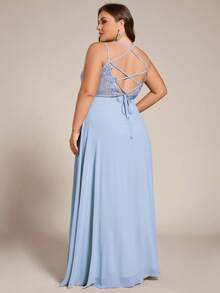 EVERPRETTY Plus Size Backless Chiffon Sleeveless Deep V-Neck Bridesmaid Dress, Light Blue, Spring/Summer Party Wedding - Baby Blue - View 2