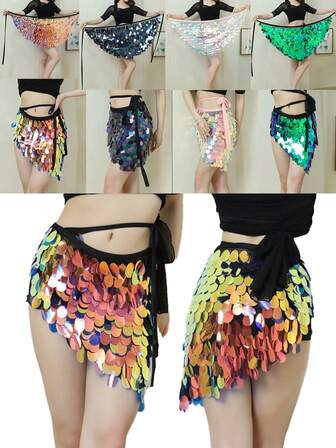 肚皮舞彩色圆形亮片臀巾系腰带舞台表演腰裙舞蹈装饰反光腰部配饰（多种颜色可选）