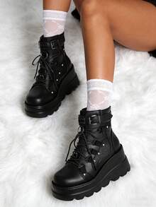 Y2K Gothic Punk Women Combat Boots High Wedges Lace Up Mesh Buckle Cool Fashion Cosplay Girls Motorcycle Shoes - màu đen - Xem 2