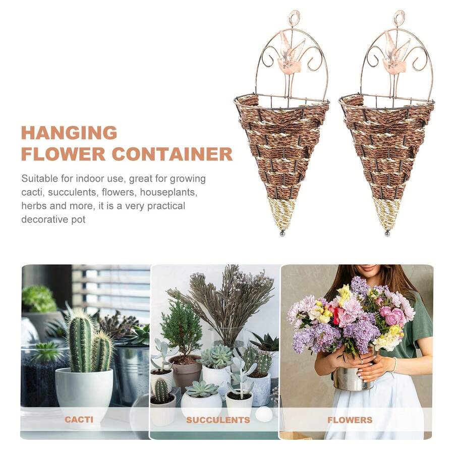2pcs Artificial Flower Vase Basket Triangular Wall Hanging Iron Wicker Wall Decor Hanging Planter (Coffee Color) - Multicolor - View 1