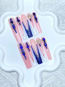 10片Y2K超长法式美甲贴片，全覆盖，手工制作，饰有3D闪亮蓝色水钻，完美适用于婚礼、派对、情人节、生日、圣诞节等场合，是理想的礼物之选。贴合度极佳，可重复使用。套装包含1片果冻胶和1片迷你贴片，可拆卸。适合女士和女孩在节日派对和日常佩戴。 - 彩色 - 查看 12