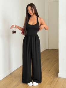 AITYI Studio Women's Sleeveless Jumpsuit, Fashionable Loose Casual Comfortable, Soft And Stretchy Fabric, Back-To-School/Graduation Season Outfit, OOTD, Streetwear Chic Style, Backless - Black - View 8