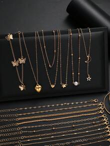 6/93件套优雅简约时尚心形、蝴蝶、星星仿珍珠首饰套装，适合女性约会、派对、节日、圣诞节、新年礼物（无包装盒） - 彩色 - 查看 9