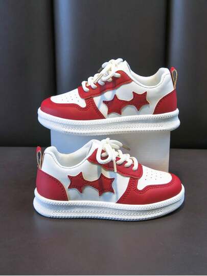 1 par de zapatillas casuales de exterior con cordones, de estilo patchwork de dos colores con estrella, adecuadas para primavera, para niños