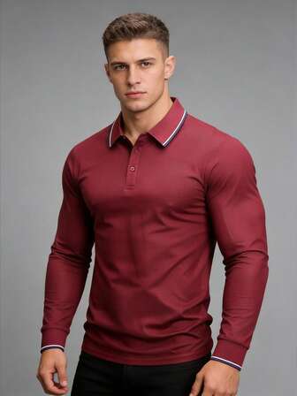 男士撞色领长袖休闲商务通勤 Polo 衫，春秋季