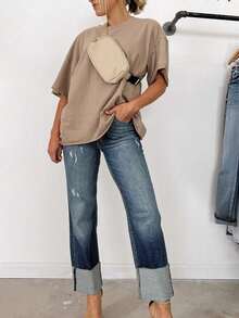 女士高腰弹力修身直筒牛仔裤，卷边设计，秋冬系列，通勤、旅行、街头穿搭皆宜，蓝色牛仔布 - 藍色 - 查看 2