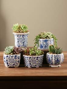 1/6 装蓝白陶瓷多肉植物花盆 - 带排水孔，完美的小型盆景/仙人掌花盆，适用于家居、办公室和花园装饰（不含植物） - 彩色 - 查看 12