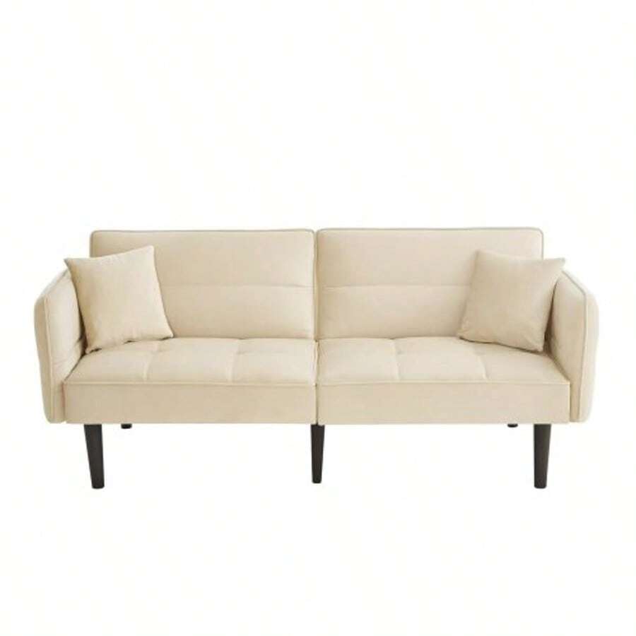 Sofá cama ajustable 2 en 1: dos plazas con tapizado de terciopelo, reposabrazos plegables y función para dormir, ideal para espacios pequeños - Beis - Ver 1