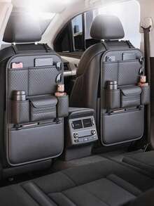 1个汽车座椅靠背收纳袋 - 菱形绗缝PU皮革，多口袋设计，可放置水瓶、平板电脑、玩具和纸巾 - 防踢，无需工具即可安装，适用于轿车、SUV等车型，后备箱收纳挂袋（黑色，时尚款）