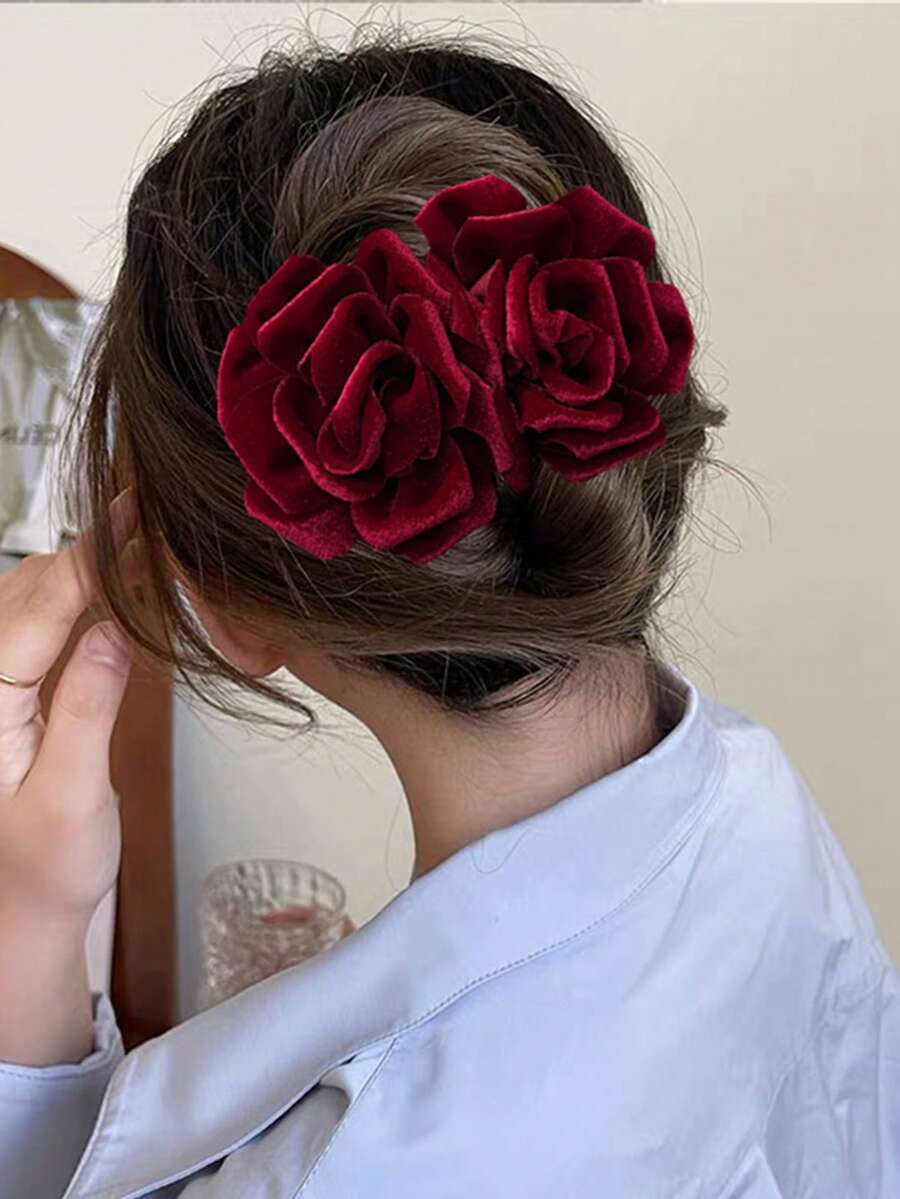 1pc Wine Red Flower Hair Clip, Holiday/Valentine's Day Hair Accessory - Multicolor - View 1