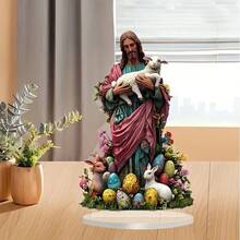Vintage Acryl Jesus mit Lamm und Hase Figur - Retro Stil Tischdekoration, religiöses Thema, ideales Geschenk zu Ostern und Valentinstag, vielseitige Heimdekoration, ohne Strom - Verschiedenfarbig - Übersicht 7