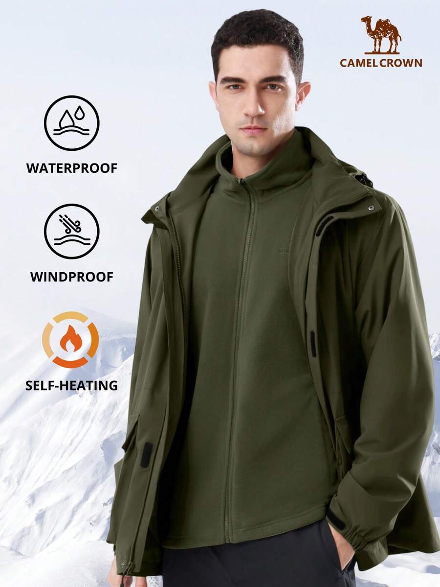 CAMEL CROWN 男士三合一防水滑雪服，带帽保暖冬装，防风雨衣，适合徒步和滑雪 - 軍綠色 - 查看 1