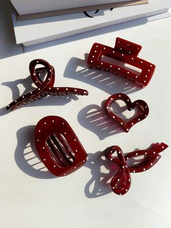 Set de 5 piezas/1 pieza de pinzas para el cabello con diseños vintage de lunares rojos en forma de corazón, cuadrado, cruz, óvalo sin costuras y lazo. Accesorios de cabello elegantes y casuales adecuados para Año Nuevo, uso diario, recogido, medio recogido, cabello a la altura de los hombros, accesorios de cabello versátiles y de moda