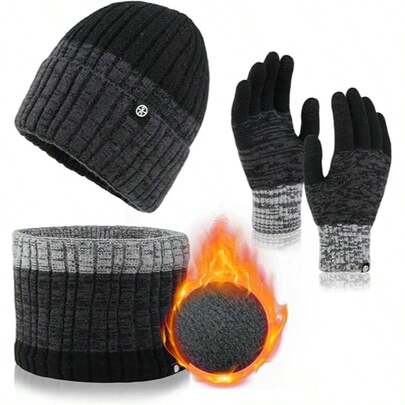 Wintermütze, Schal und Handschuhe für Damen und Herren, Touchscreen-Handschuhe, Halswärmer, fleecegefütterter Schal, Strickmütze, Wintergeschenk