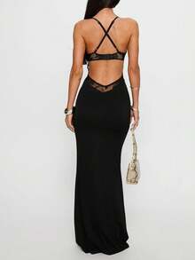 Elegant Spaghetti Strap V-Neck Backless Lace Patchwork Sheer Maxi Sexy Dress - Black - View 2