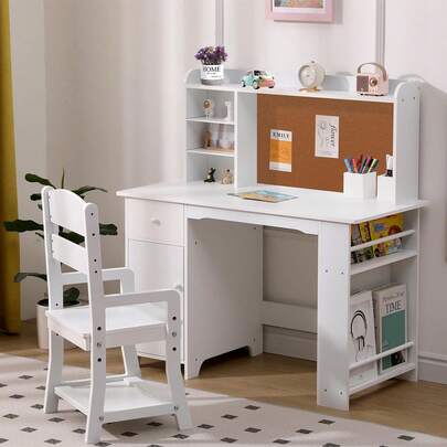 Juego de Escritorio y Silla Infantil Blanco de Madera para 3-8 Años, Mesa de Estudio con Estantería, Tablón de Anuncios, Gabinete y Cajón, Ideal para Niños y Niñas