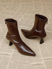 Women's Brown High Heel Ankle Boots, Short Boots, High Heels, Elastic Slim Boots, High Heels, Chunky Heels, Pointed Toe Boots - Brown - View 4