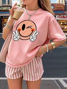 Tween Girls' Cartoon Smiling Face Print Crew Neck Casual Short Sleeve T-Shirt - Pink - View 1