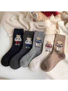 4双装女士加厚羊毛袜，可爱植绒小熊中筒袜，冬季保暖长筒袜，随机发货 - 彩色 - 查看 12
