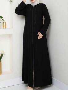 Black Elegant European & Middle Eastern Style Women's Long Robe Dress, Zipper Rhinestone Long Sleeve Luxurious Abaya Jalabiya Spring - Black - View 4