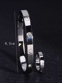 2pcs Stainless Steel Fashion Bracelet Set, High-Quality Heart Diamond Bracelet & Ring Set, 1 Bracelet + 1 Ring, Suitable For Girls, Boys, Daily Wear, Parties, Music Festivals, Great Gift For Girlfriend, Sister, Mom On New Year, Holiday, Wedding Anniversary - Silver - View 10