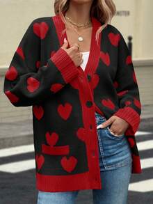 Womens Oversized Heart Cardigan Color Block V Neck Button Long Sleeve Chunky Valentines Sweaters - màu đen - Xem 3