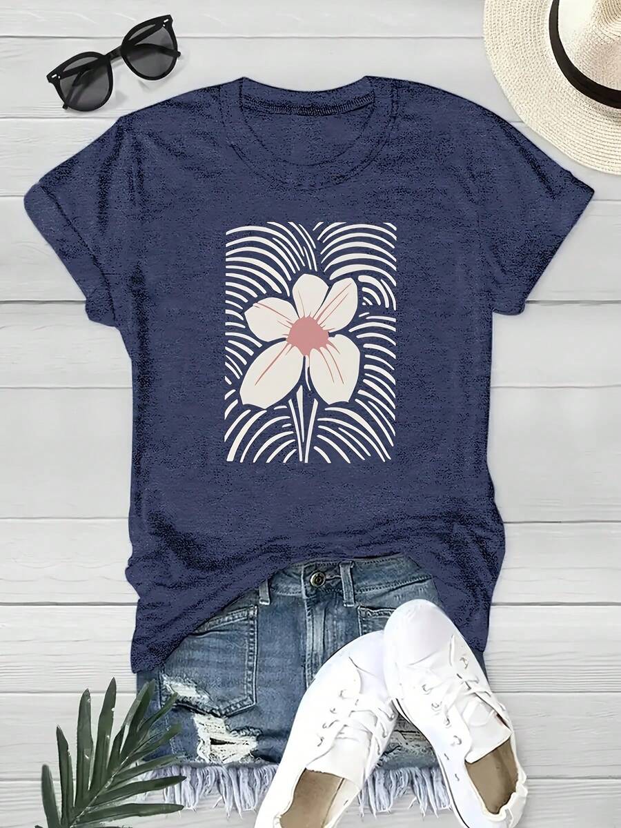 Line Flower - Pattern Printing - Spring And Summer Casual Short Sleeved T-Shirt - Fashion Women's Clothing - Màu xanh hải quân - Xem 1