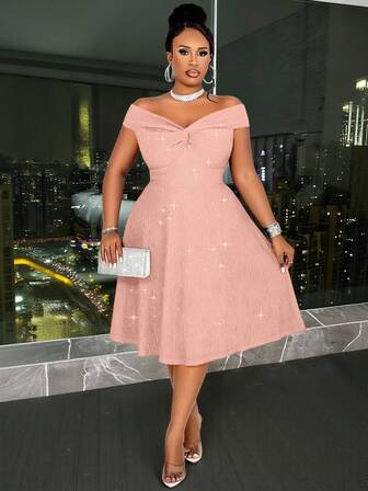 BIUBIU 大码女士性感纯色扭结露肩露背亮片A字连衣裙，适合派对、鸡尾酒会、圣诞节、情人节等场合。