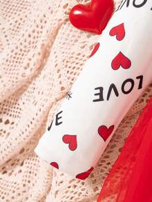 女婴情人节爱心印花网纱拼接连衣裙，配腰带 - 紅色 - 查看 6