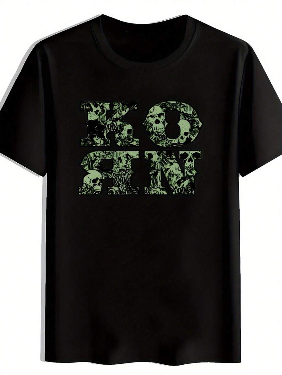 Camiseta gráfica vintage de banda de rock para hombres - Camiseta de manga corta con estampado de camuflaje KORN. Top de Verano de Cuello Redondo de Poliéster Transpirable para Conciertos. Festivales; Ropa Casual. Camisetas de banda de rock. Ropa para fanáticos de laúsica. Camisa lavable aáquina - Negro - Ver 1